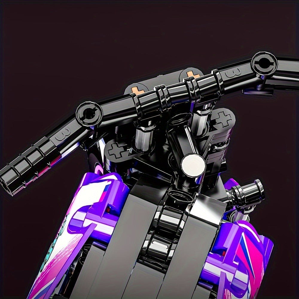 Building Block Set Off-Road Motorcycle Model, 476-Piece Purple and Black Bike with Display Dimensions and Instructions — imag