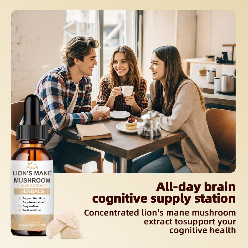 Lion's Mane Mushroom Liquid Drops 2fl oz Natural Herbal Extract for Brain Support, Focus, Memory & Cognitive Clarity for Men 
