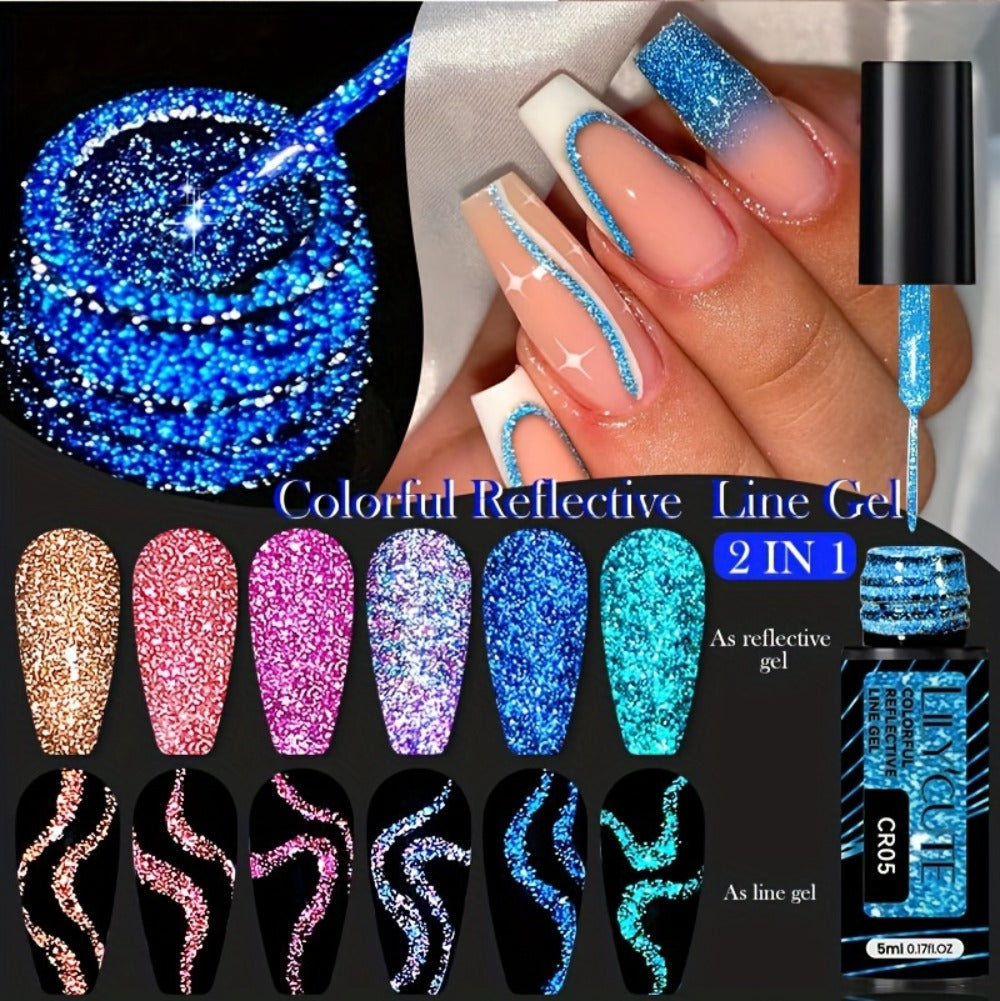 Reflective Liner Nail Art Gel Six-Bottle Set with 5ml CR01 to CR06 Colors and Slim Brushes for Detail Lines — image 18