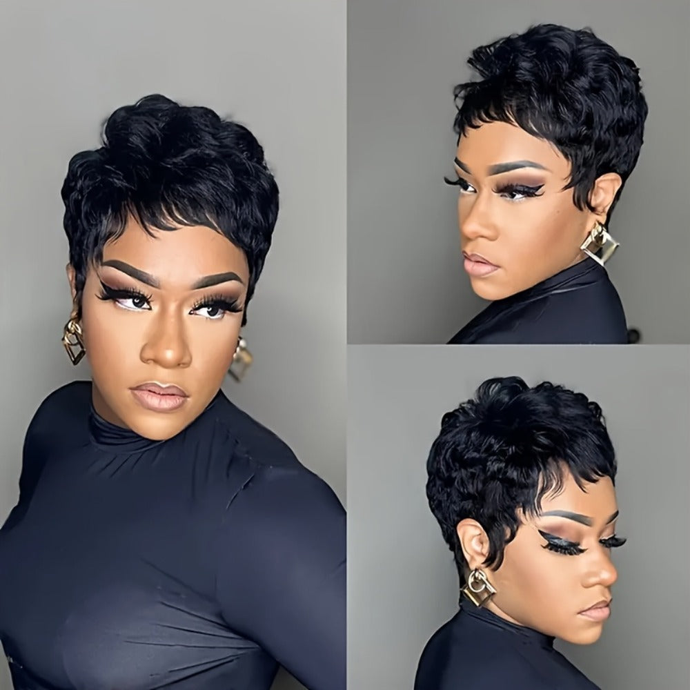 4-Inch Straight Layered Pixie Human Hair Wig in Black with 150% Density and Machine-Made Rose Net Cap — image 8