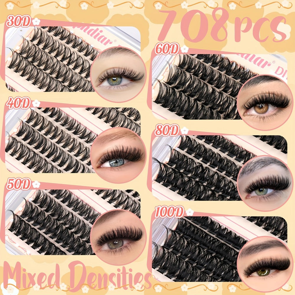 Lash Extension Kit with 708 Clusters in 8-16mm Mixed Lengths and 30D-100D Densities, Glue, Tweezers and Brush — image 5