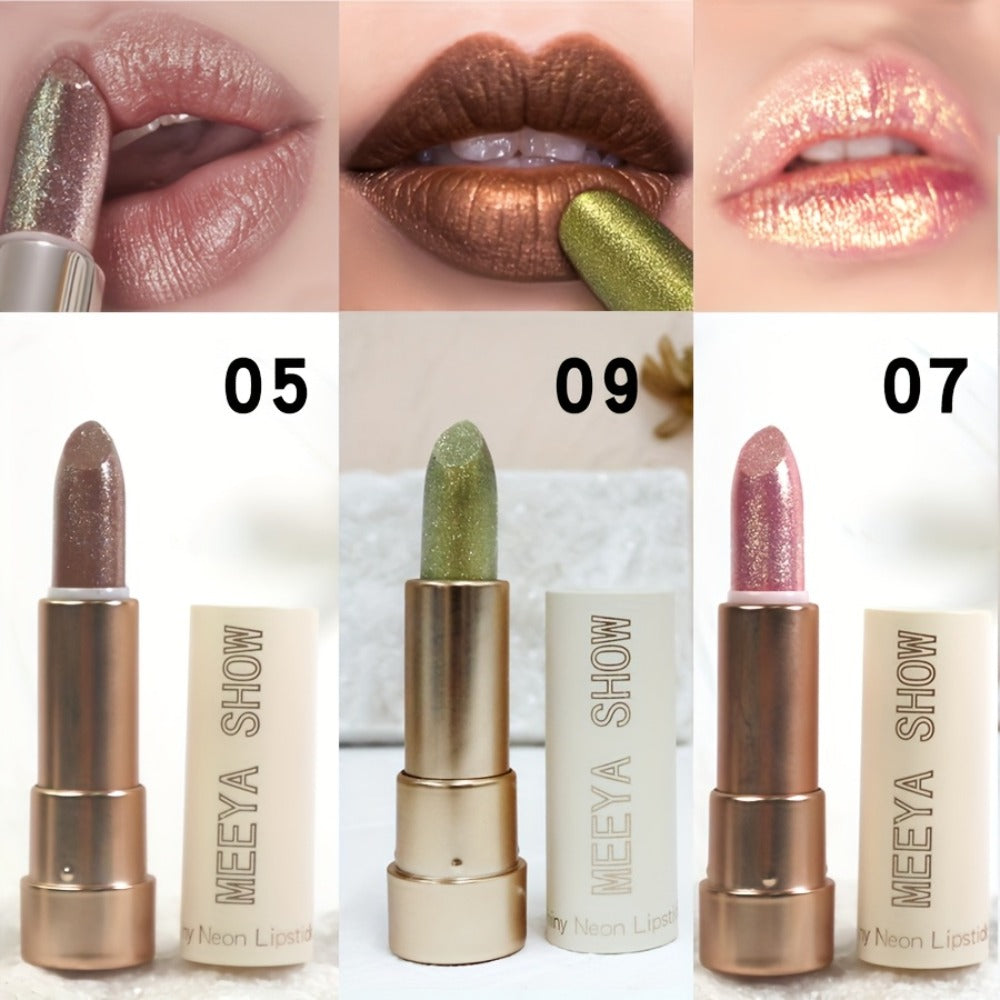 Glitter Shimmer Lipstick Set 3Pcs Pearlescent Pinkish Golden Creamy Glossy Sparkle Lip Gloss Lip Makeup for Party Stage Cospl