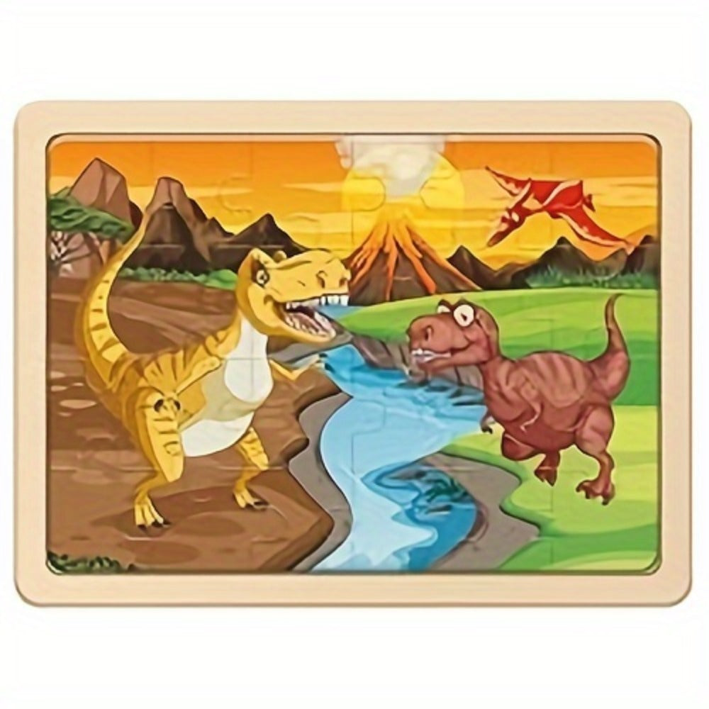 Dinosaur Puzzle Set for Kids Ages 3-8 Wooden 4-in-1 Jigsaw with 24 Pieces Each, Colorful Preschool Educational Toy for Boys &