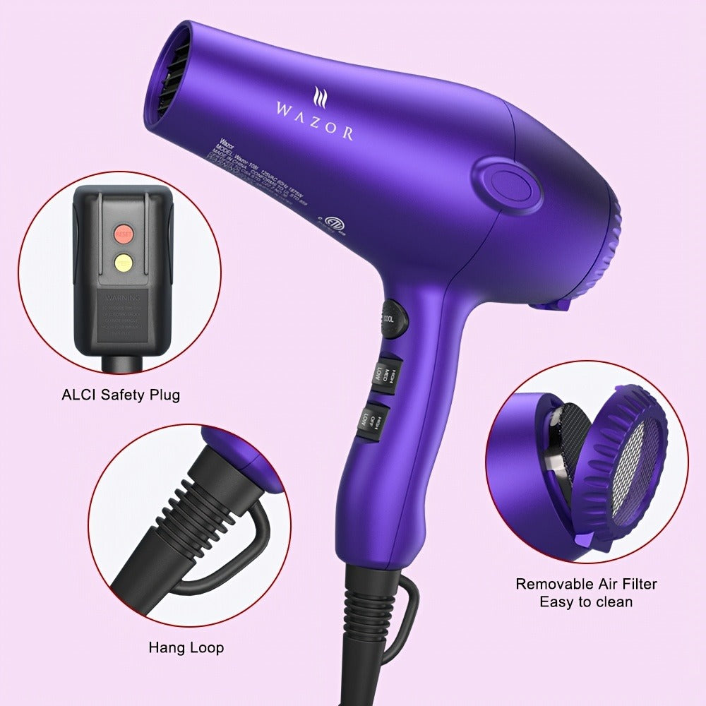 Purple WAZOR 1875W Hair Dryer with Three Heat Settings, Two Speeds, Cool Shot and Three Styling Attachments — image 4
