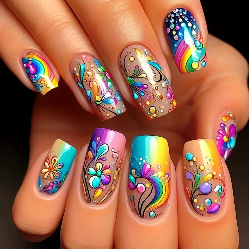 Press On Nails 120-Piece Medium Square Set with Glossy Floral and Striped Designs in Five Packs — image 7