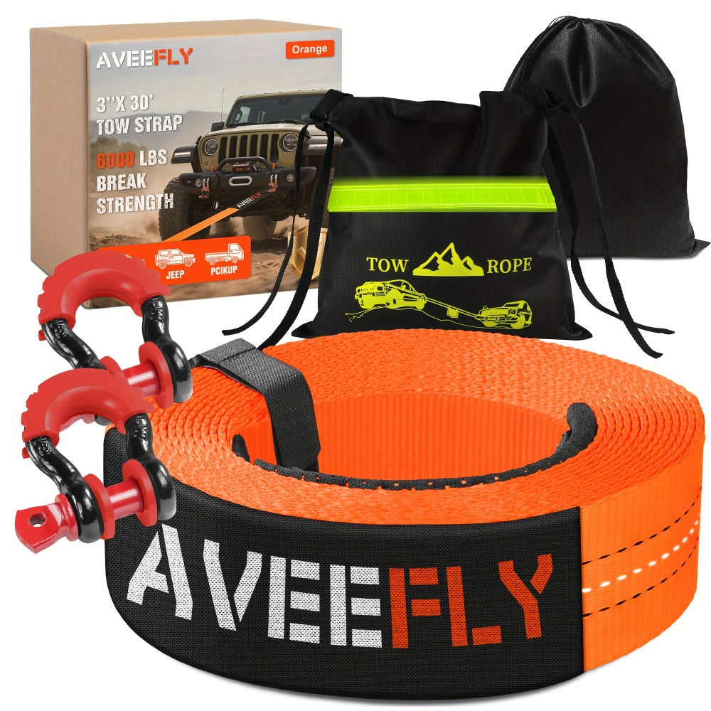 Recovery Tow Strap 4-in-1 Kit 4000-6000 LBS – Off-Road Emergency Strap with D-Ring Shackles, Safety Flag & Storage Bag for Tr