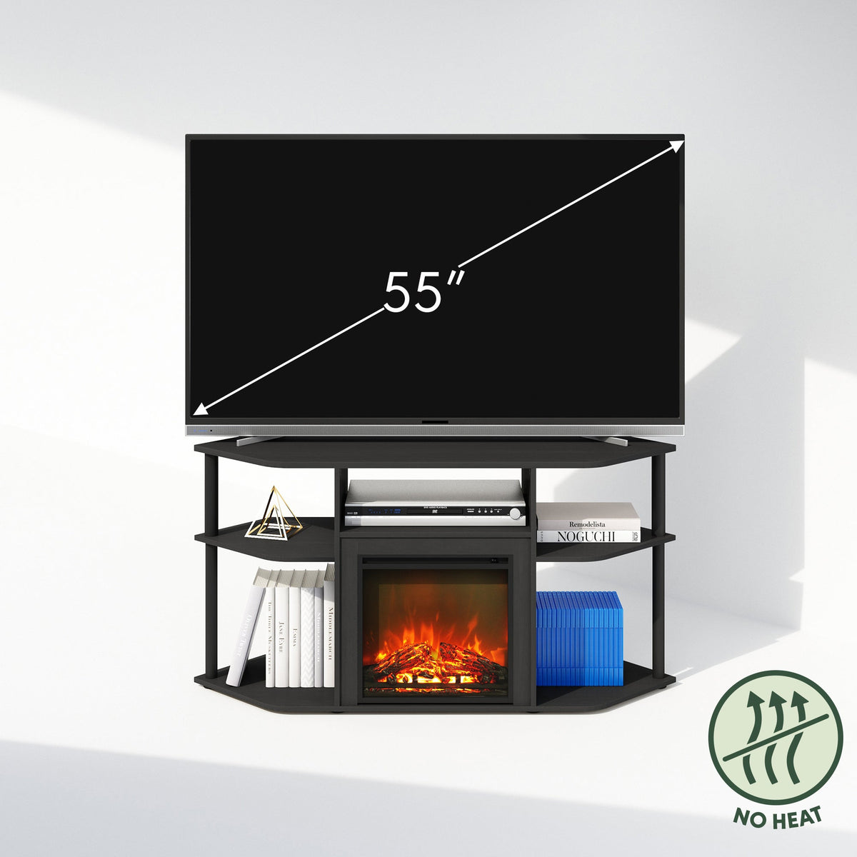 Corner TV Stand with Electric Fireplace, 55" Entertainment Center with Open Storage Shelves & Decorative Plastic Poles — imag