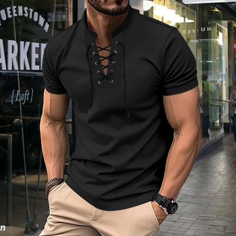 Men's Thin V-neck V-tie Casual Sporty Short Sleeve