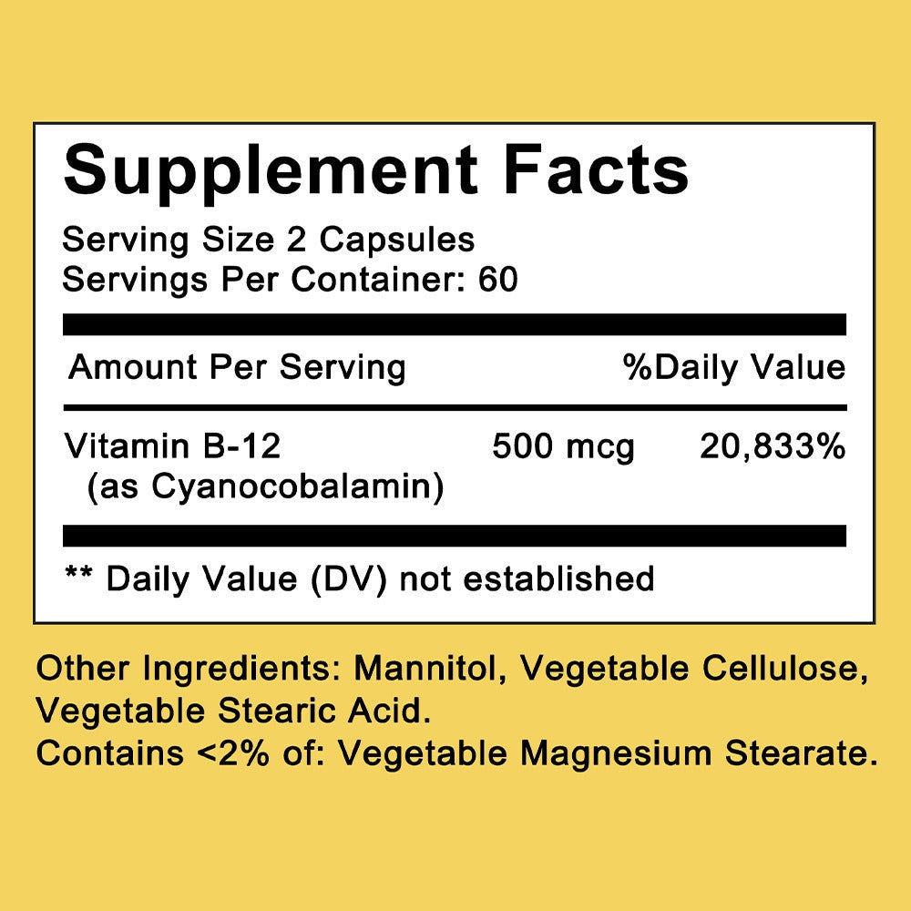 Vitamin B12 500mcg Capsules 120 Count for Women Men for Bath Time, Home Spa and Personal Care — image 2