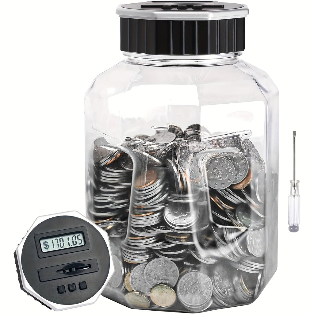 Digital Coin Counting Piggy Bank for Adults, Extra Large 2.4L LCD Counter Jar, Transparent Acrylic Money Saving Bank with Dis