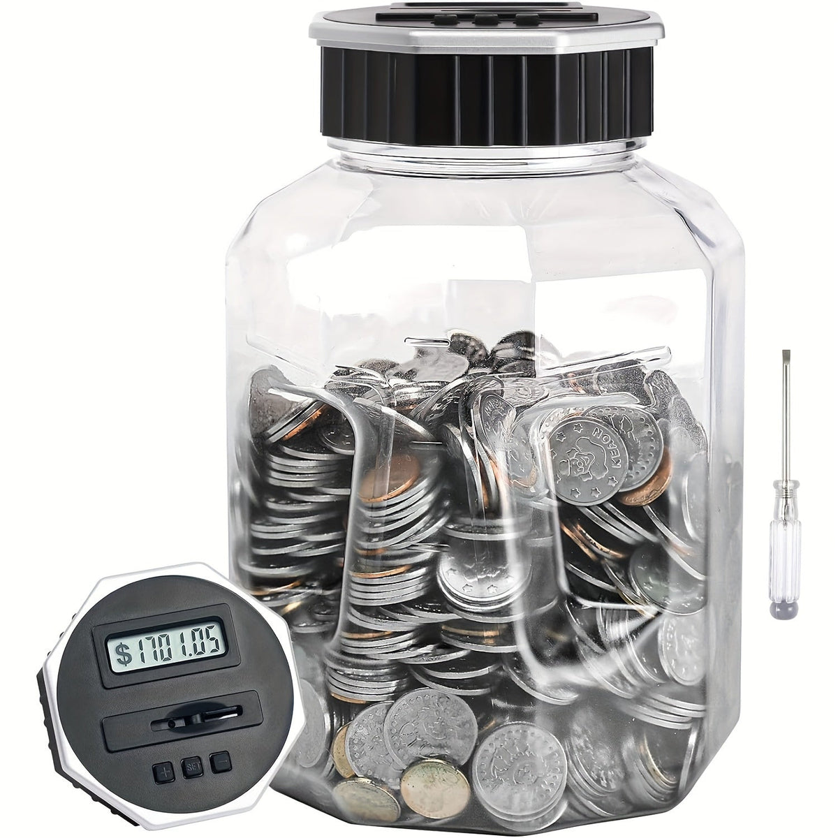 Digital Coin Counting Piggy Bank for Adults, Extra Large 2.4L LCD Counter Jar, Transparent Acrylic Money Saving Bank with Dis