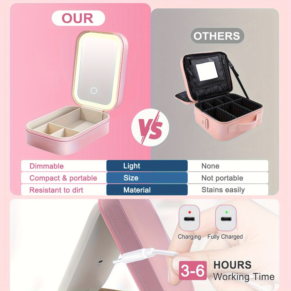Lighted Makeup Mirror with Travel Case Cosmetic Organizer 3-Color LED Light 1200mAh, for Makeup, Travel and Everyday Vanity U