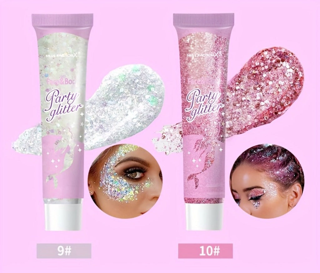 Face Body Glitter Gel Set 30 Pieces – Colorful Shapes Mermaid Sequin Stars Hearts, Transparent Gel Base, Skin-Safe Shimmer Ma