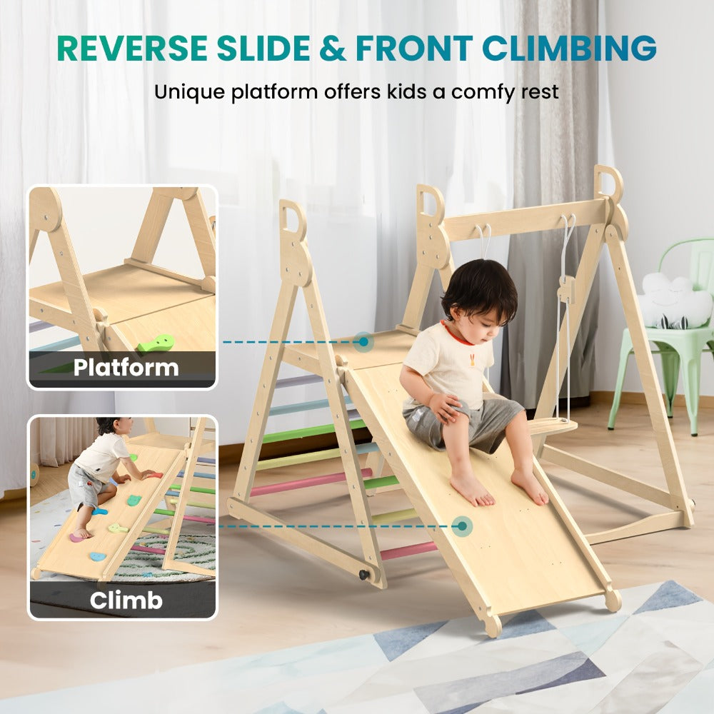 Foldable Indoor Wooden Jungle Gym for Toddlers, 4-in-1 Climbing Frame with Swing, Slide & Ladder — image 2