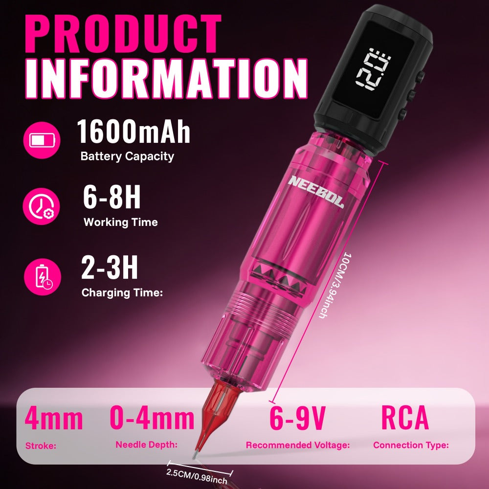 Tattoo Machine Kit Neebol A-07, A-07 Pro or B-08 Cordless Pen with 1600mAh Battery, 20 Cartridges and 8 Inks — image 6