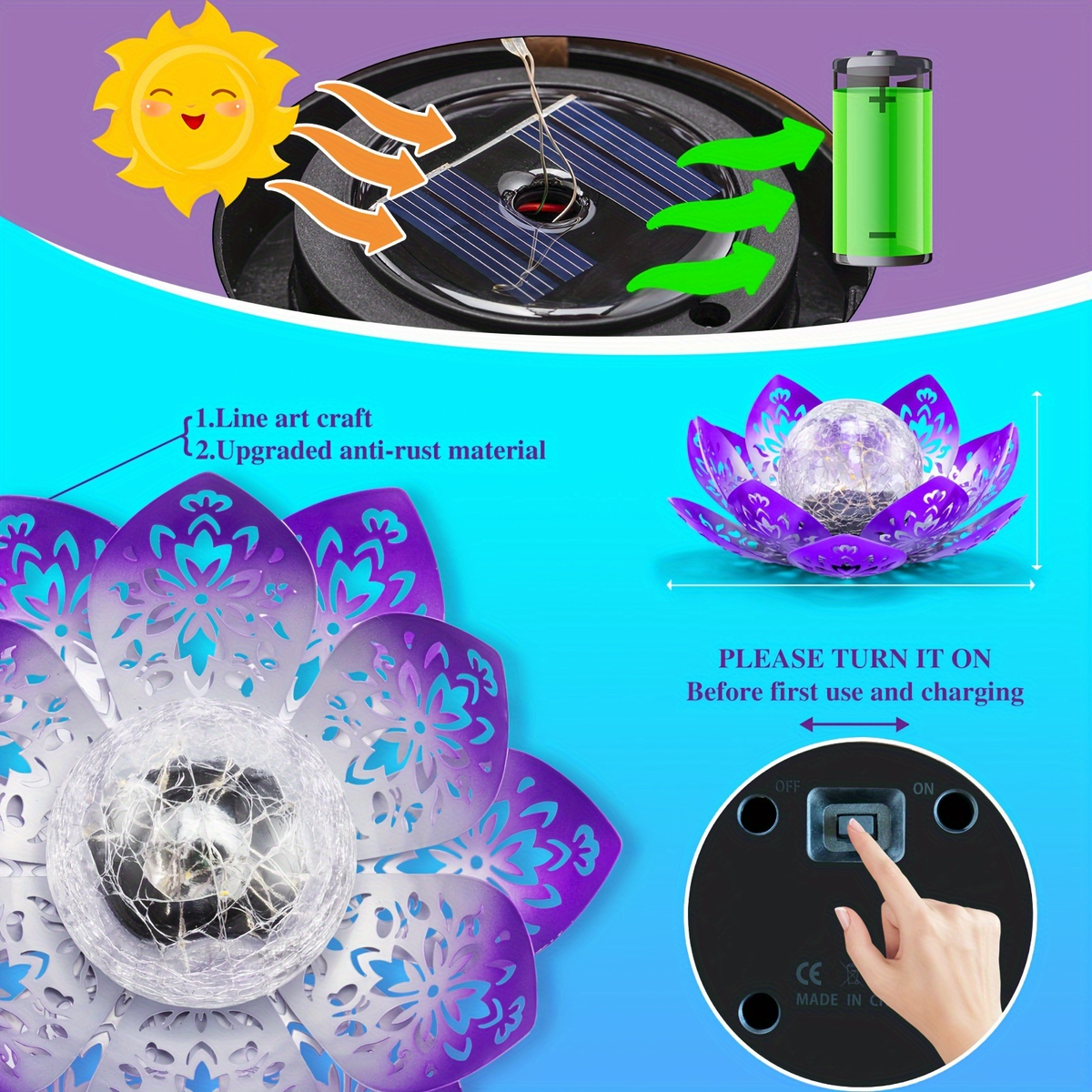 Solar Garden Light Lotus Flower with Cracked Glass Globe, IPX4 Rating and Three Color Options — image 16