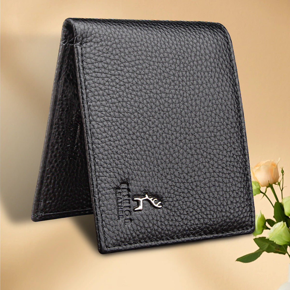 Black Men's Genuine Leather Wallet Cowhide Short Bifold