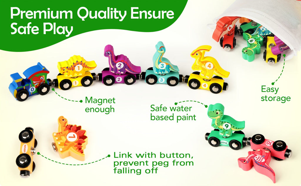 Magnetic Dinosaur Number Train Set for Kids Ages 3-5, 11PCS Wooden Magnetic Train Toy with Engine & Numbered Cars — image 12