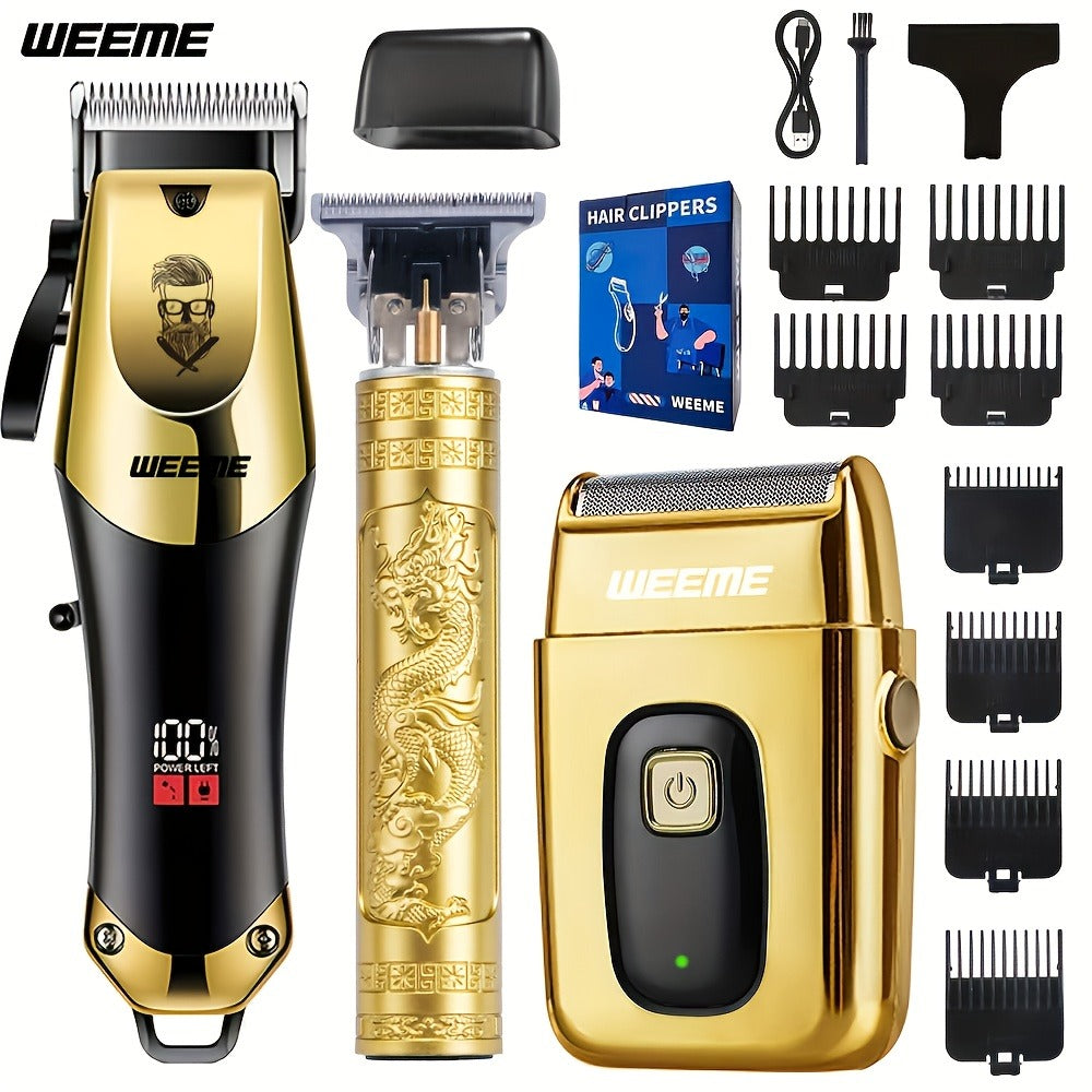 T-Blade Hair Clipper Set for Men – Golden Series USB Rechargeable Trimmer Kit with Guide Combs & Cleaning Brush, 1pc 2pcs 3pc