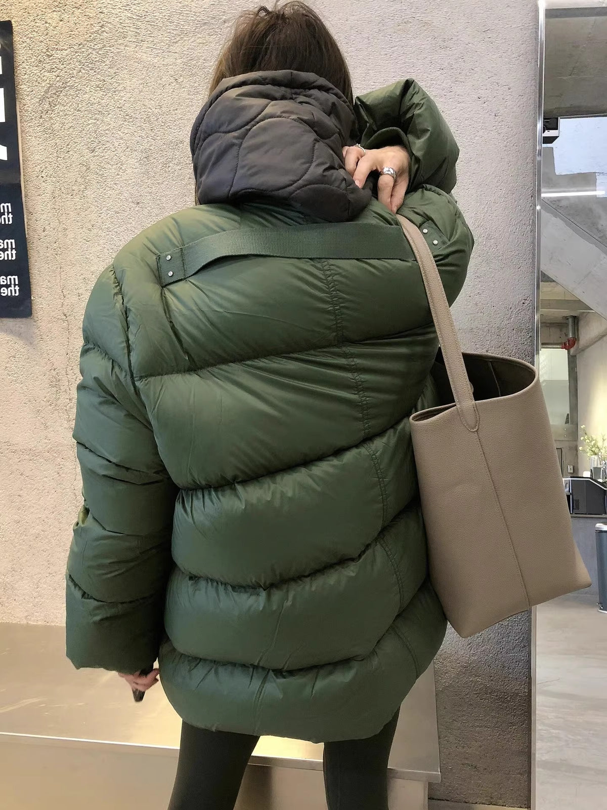 Warm Dark Green Collarless Cotton Coat Jacket Women