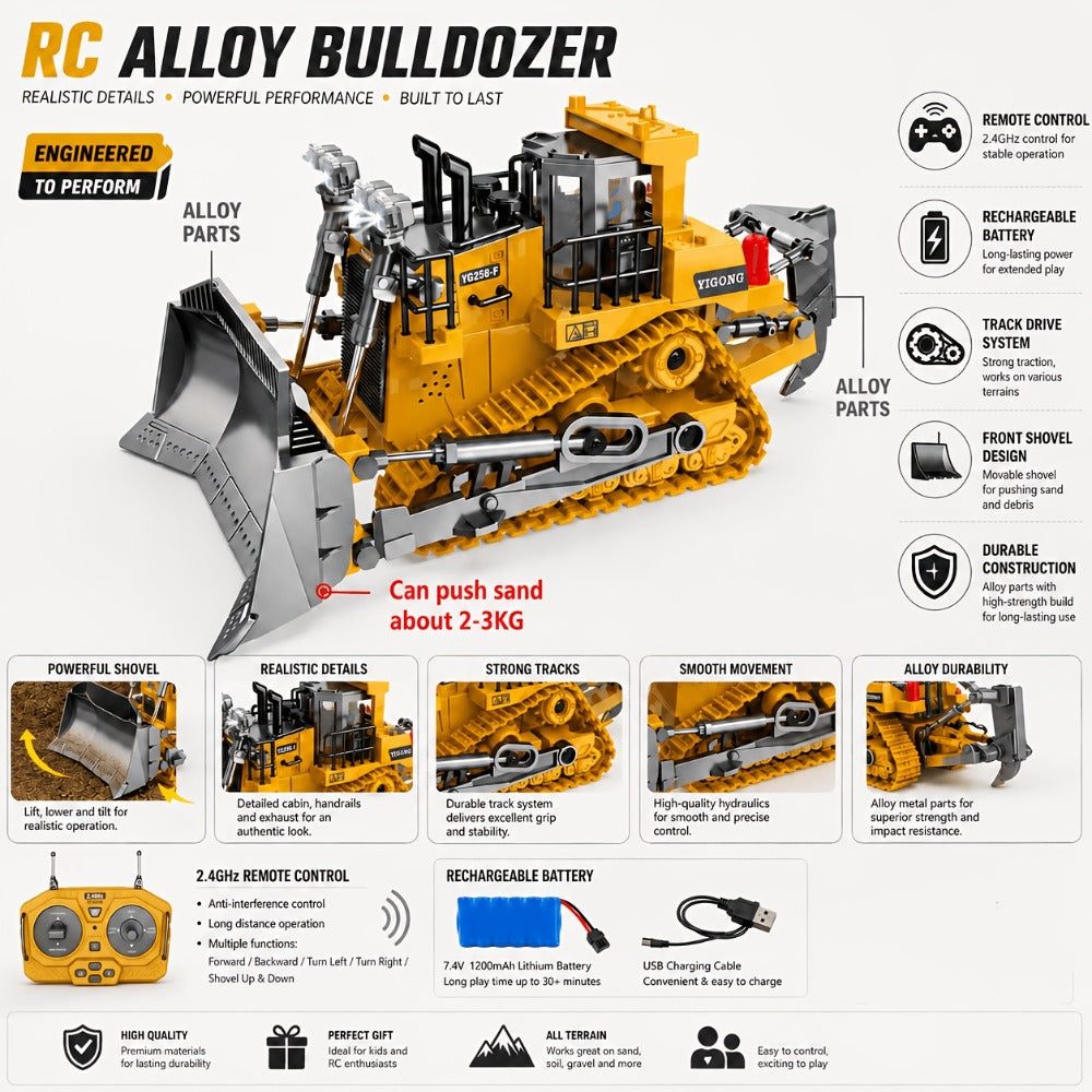 RC Bulldozer 9-Channel 2.4GHz Remote Control, Multifunctional Engineering Vehicle Toy with Alloy Metal Cover — image 13