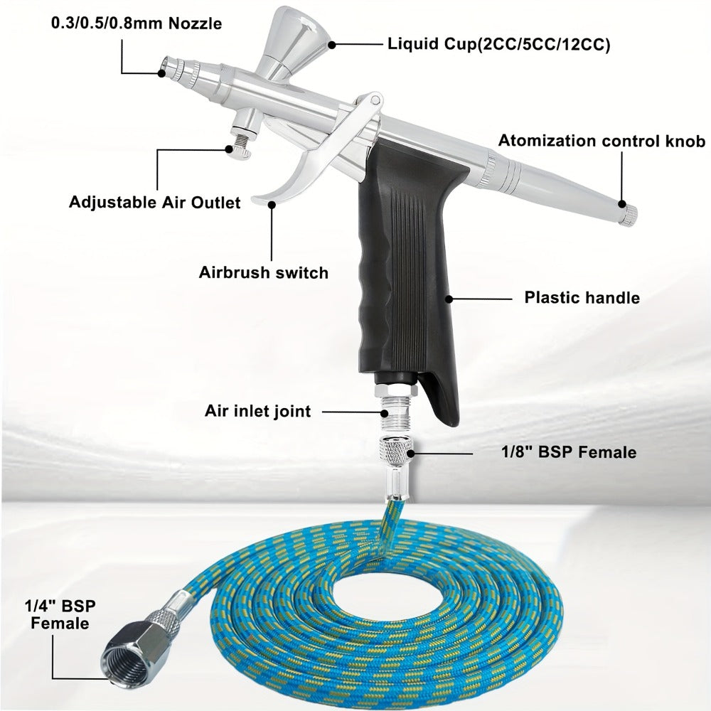 Double-Action Trigger Airbrush Kit with 0.3, 0.5 and 0.8 mm Nozzles, Three Cups and Pictured 6 ft Hose — image 5