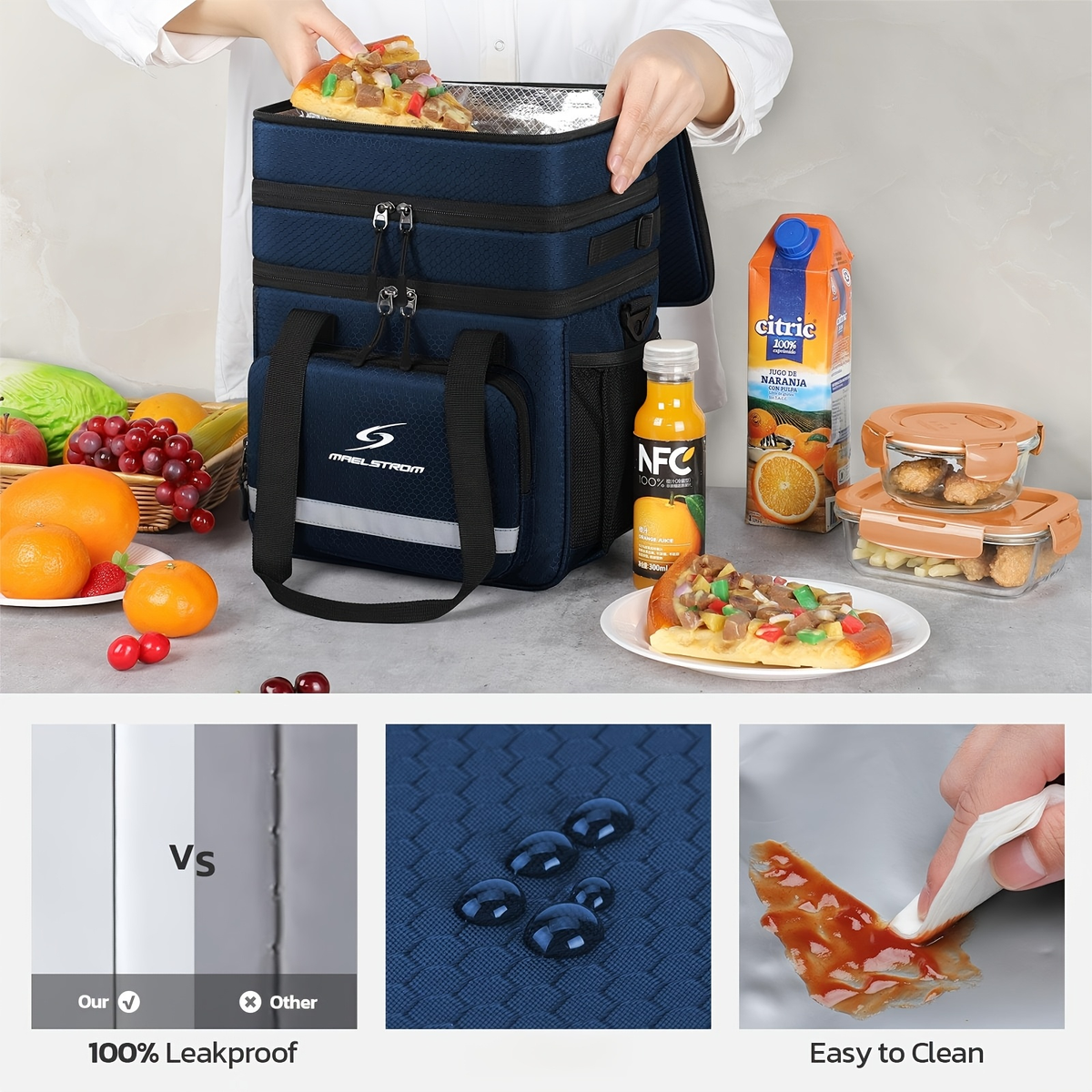 19L Triple-Compartment Lunch Bag with Three Stacked Zippers, Shoulder Strap and Four Color Options — image 9