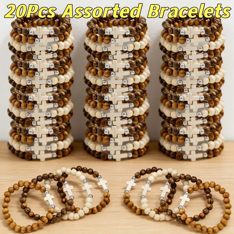 Cross Bracelets Bulk for Baptism Party Favors, 20/40PCS Vintage Ethnic Alloy Cross Pendant Woven Elastic Bracelets — image 9