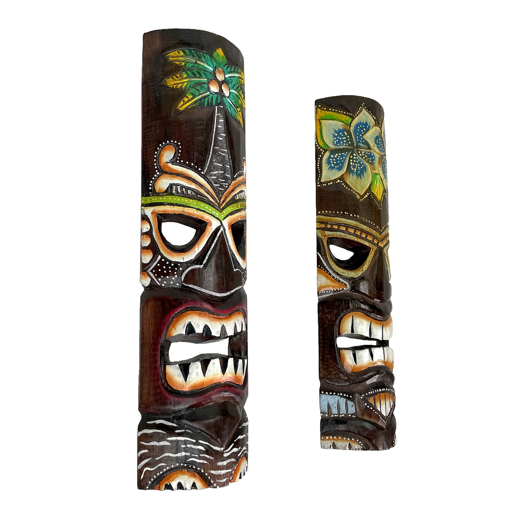 Tiki Wall Masks Set of 2 – Hand Carved Wooden 20" Tropical Decor with Palm Tree & Plumeria Designs for Indoor Outdoor Patio B