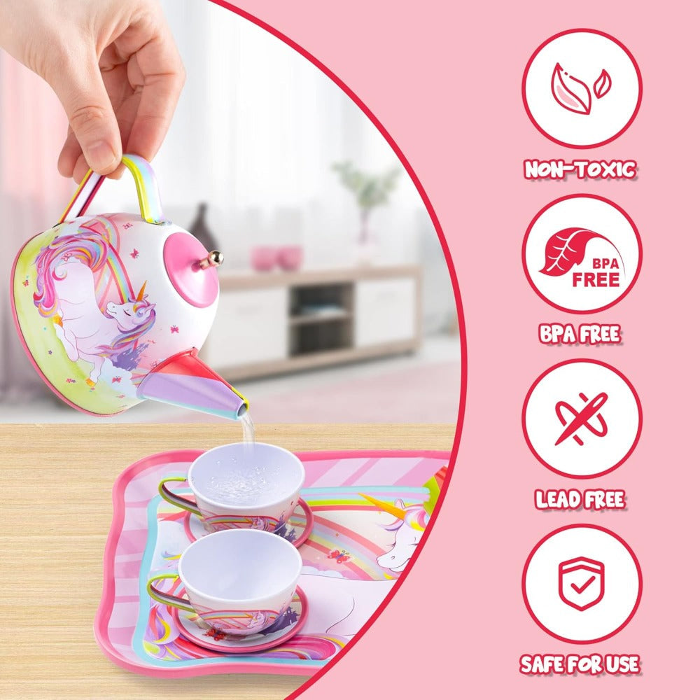 Pink Unicorn Tin Tea Set in Carry Case with Teapot, Four Cups, Four Saucers and Five Plates — image 10