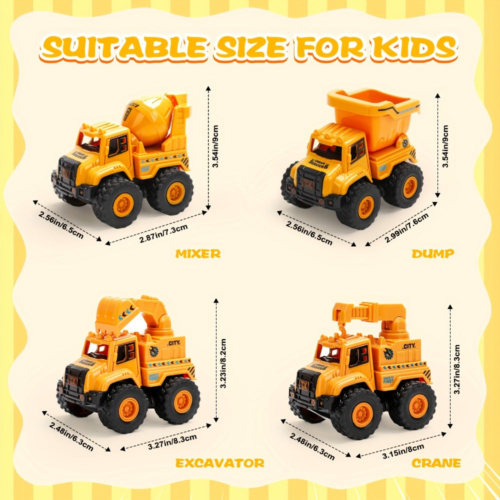 4-Piece Construction Truck Set for Kids, Excavator Dump Truck Crane Cement Mixer Sandbox STEM Engineering Vehicle Playset — i
