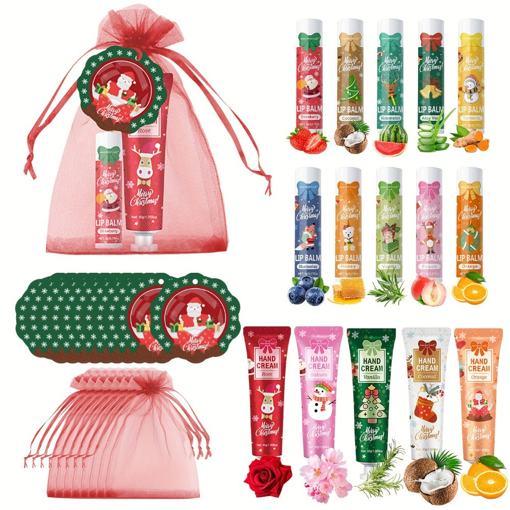 Bulk Gift Set 120 Pieces Lip Balm & Hand Cream with Red Velvet Bags & Holiday Cards – Moisturizing Party Favors for Colleague