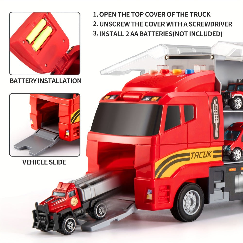 Fire Truck Toy Set for Kids Ages 3-6, Die-Cast Metal Carrier Truck with Play Mat, Emergency Vehicle Collection — image 6
