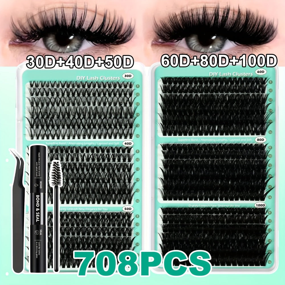 Lash Clusters Kit 708Pcs with Tweezers, Glue & Brush – Soft Silky Fiber False Eyelashes Full Voluminous DIY Lash Extension Se