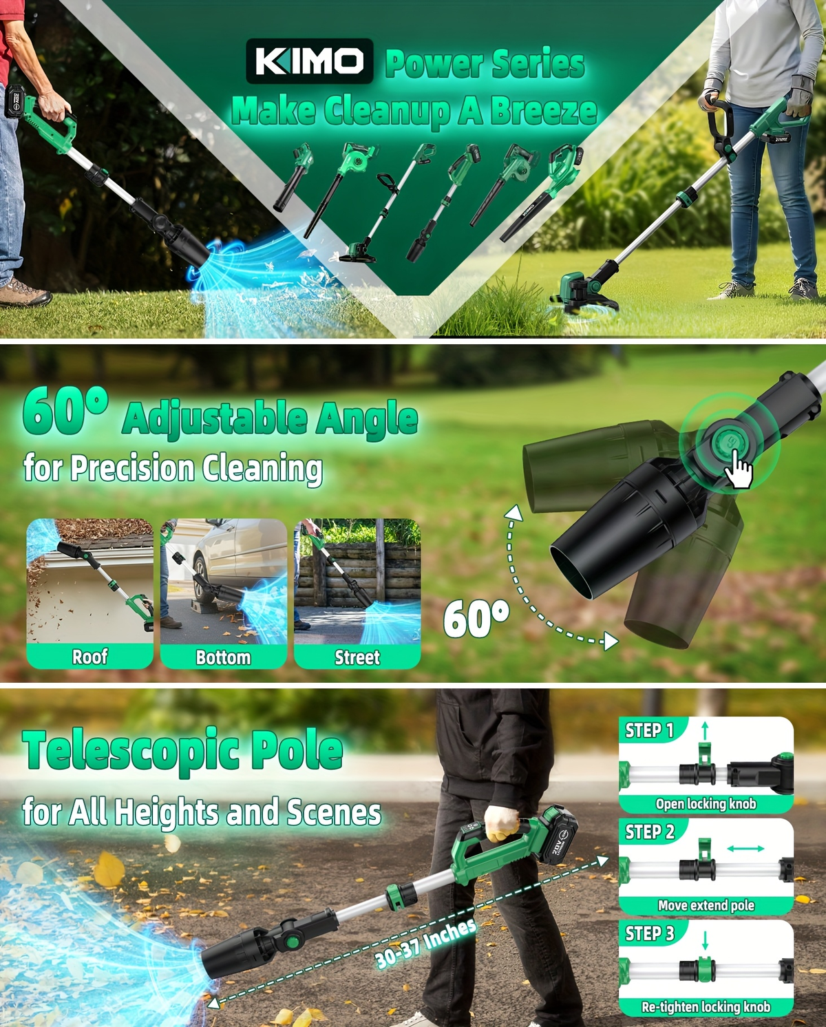 KIMO 20V Cordless Leaf Blower with Telescoping Tube, Three-Speed Label, Charger and One- or Two-Battery 4000mAh Sets — image 