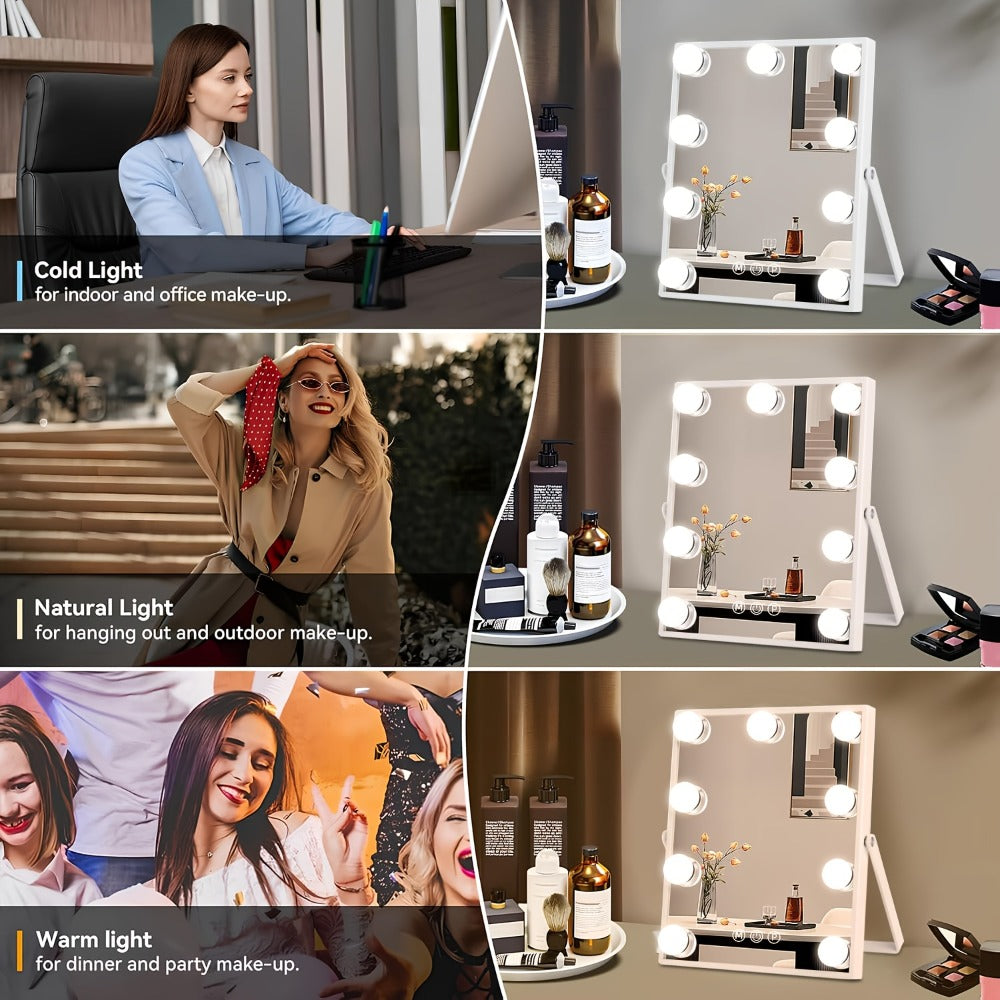 Makeup Mirror with Nine Bulb-Style LEDs, Three Light Colors, Touch Memory, 360° Rotation and Optional 5X Mirror — image 10