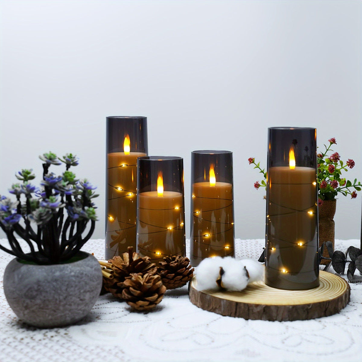 Flameless LED Candles with Remote Control Timer and Star String Lights Set of 5 or 7 Pillar Candles for Wedding Garden Home D