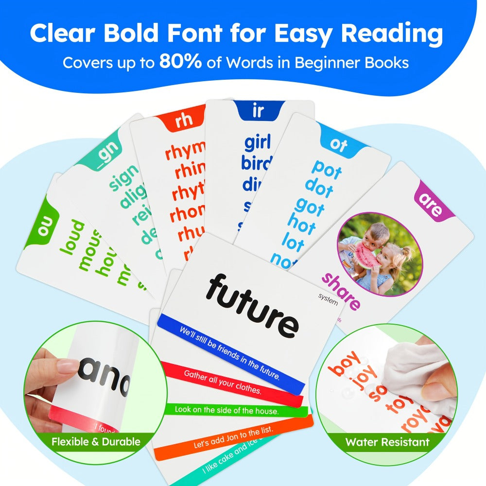 Sight Words Flash Cards 500 Cards & 150 Phonics Cards Set 1000+ Dolch Fry High Frequency Words CVC Blends Long Vowels | Learn