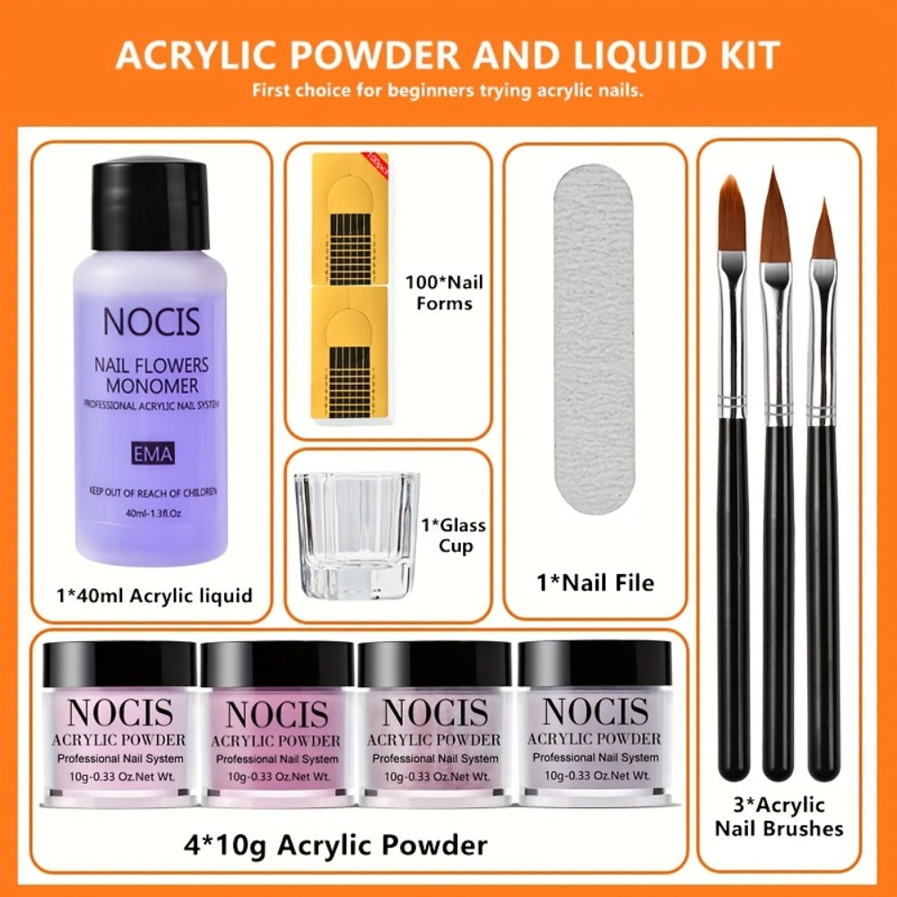Acrylic Nail Kit NOCIS Four 10g Pink, Mauve and Glitter Powders with Liquid Monomer, Three Brushes and File — image 2