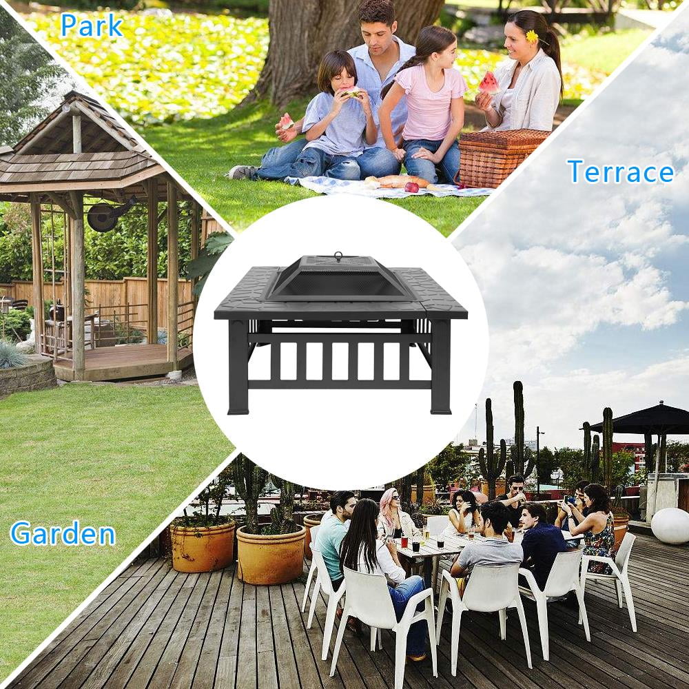 Fire Pit, Square Outdoor Metal BBQ Patio Backyard Camping Fireplace for Grilling, Camping and Outdoor Meals — image 2