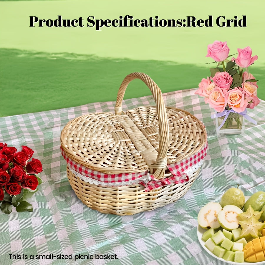 Covered Wicker Picnic Hamper with Twin Lid Panels in Red Plaid or Daisy Pattern Textile Styles — image 2