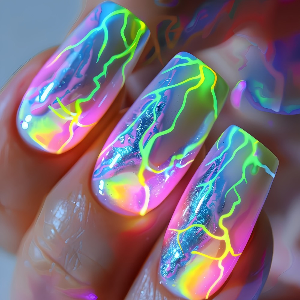 Press On Nails 216-Piece Medium Ballet Green Glitter Set with Lightning, Stripes and Nine Packs — image 9