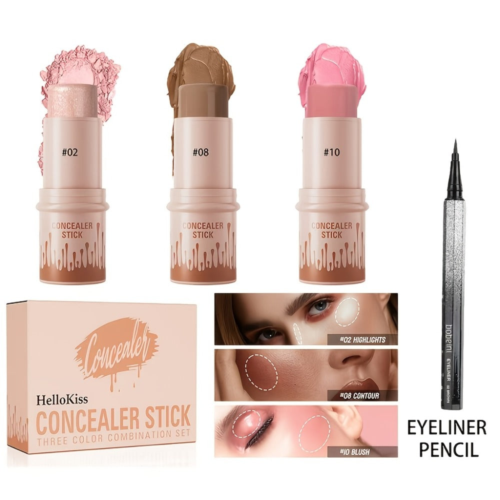 Cream Contour Stick Set 3-in-1 with Blush Highlighter & Bronzer – Squalane Non-Greasy Waterproof Long-Lasting Sculpting Kit —