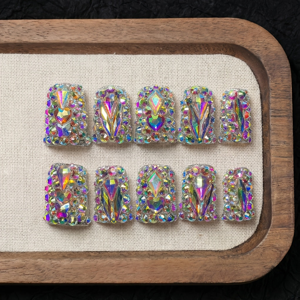 Press On Nails 10-Piece Short Duckbill Set with Glossy Mixed Colors, AB Crystals and Gel Adhesive Tabs — image 12