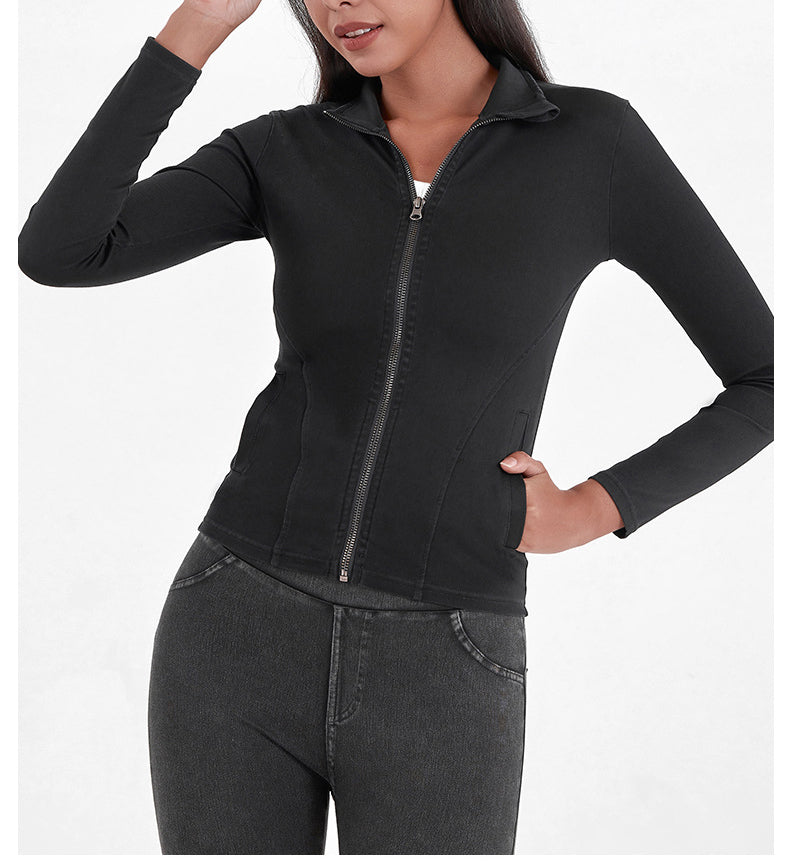 Slim Zippered Yoga Denim Jacket With Pockets High Collar Sports Fitness Outerwear Tops Coat For Women Clothing
