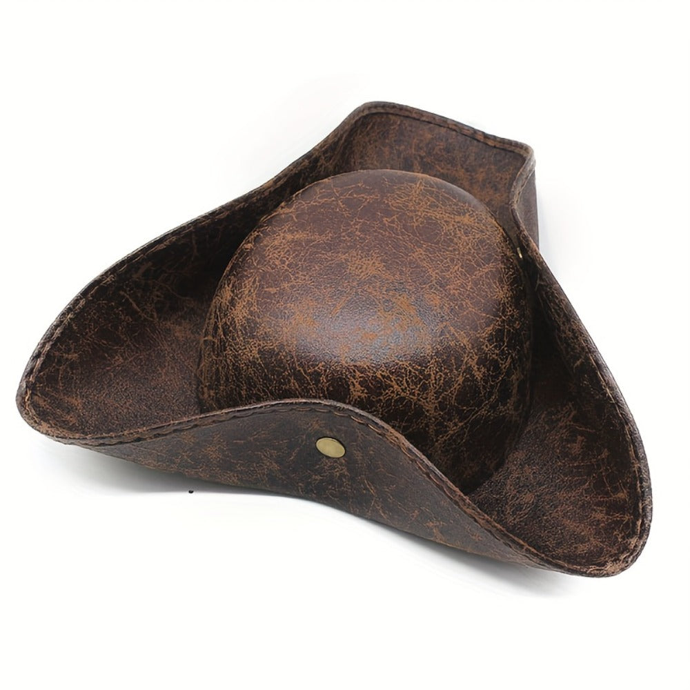 Pirate Tricorn Hat Faux Leather Wide Brim – Vintage Distressed Pirate Hat for Men Women, Halloween Costume, Cosplay — image 7
