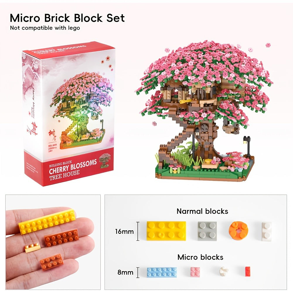 Building Block Set Cherry Blossom Tree House, 1020 or 2028 Micro Pieces with Pink Canopy and Base Display — image 5