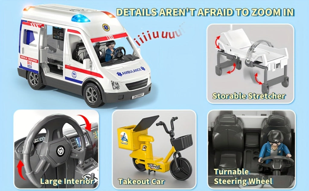 Ambulance Toy Playset for Kids Ages 3-8, Realistic Friction-Powered Emergency Vehicle with Flashing Lights & Siren Sound — im
