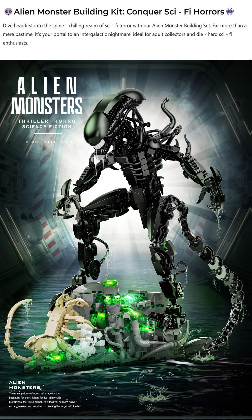 Building Block Set Alien Beast with 958 Pieces, Articulated Black Figure, Scene Base and Long Tail — image 9
