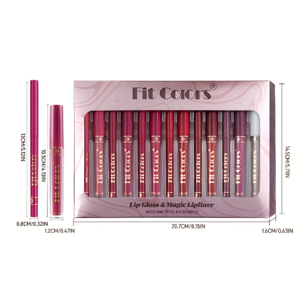 Lip Liner and Lip Gloss Kit 13 Piece Matte Non-Stick Waterproof Pigmented Long-Lasting Moisturizing Lip Glaze Combo Set for D